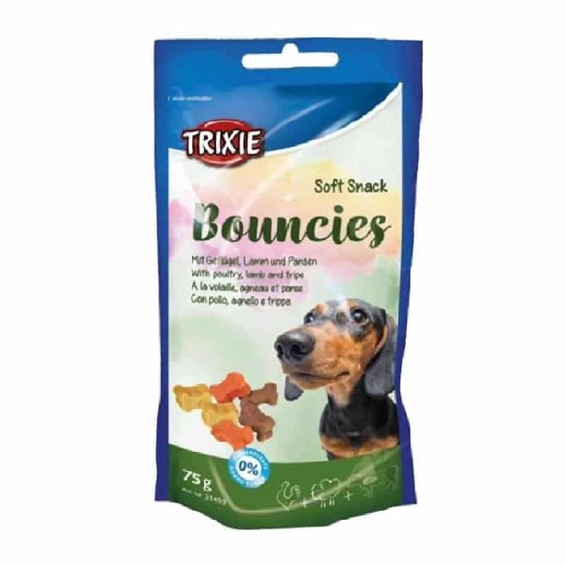 تشویقی سگ تریکسی مدل Bouncies طعم بره مرغ و سیرابی بسته بندی 75 گرم