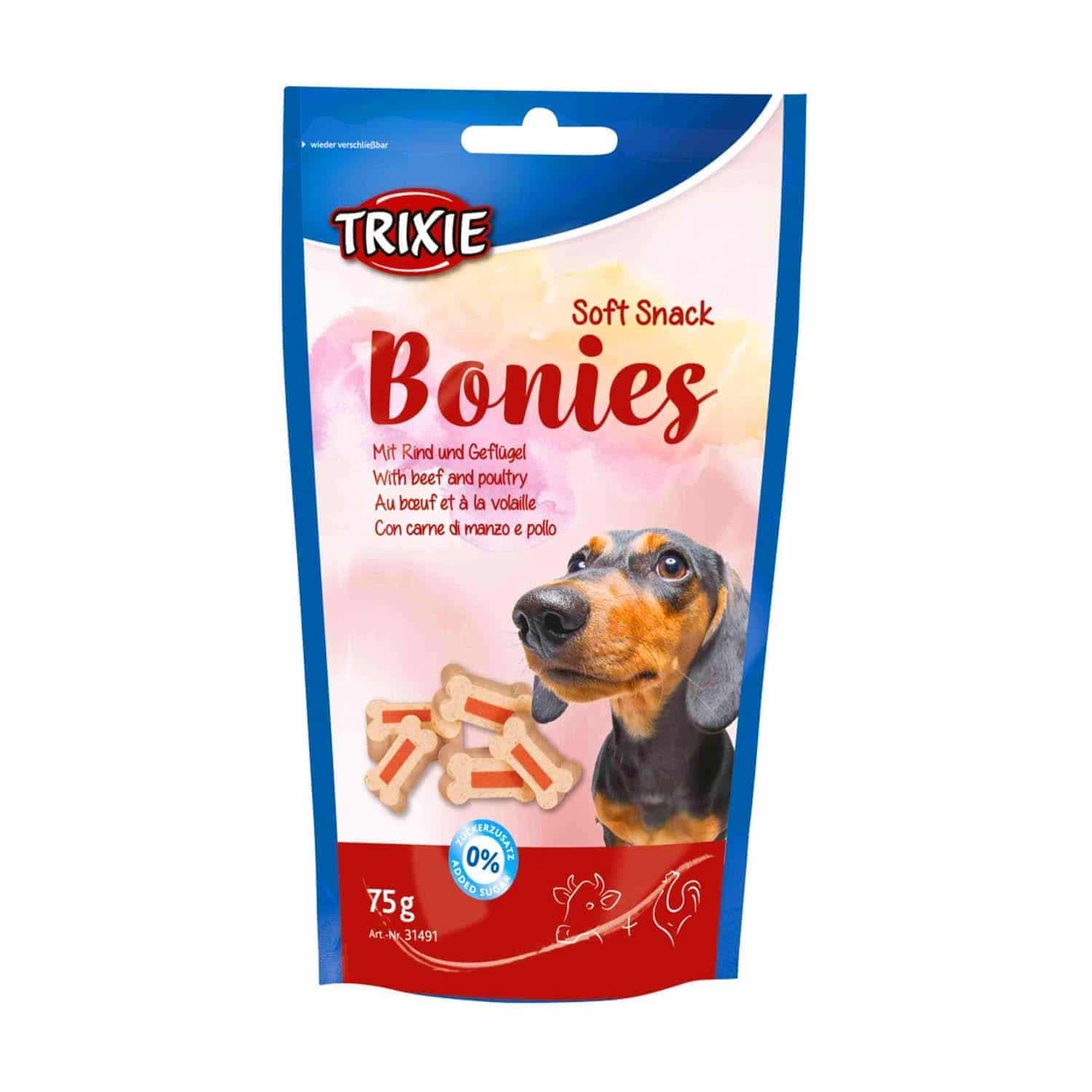 تشویقی سگ تریکسی مدل Bonies طعم گوشت گاو و مرغ بسته بندی 75 گرم