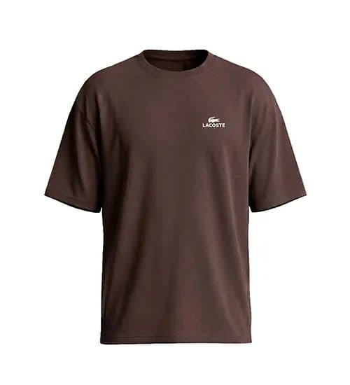 تیشرت یقه گرد مردانه باکسی طرح دار اسپان دورس شکلاتی Lacoste مدل 50433