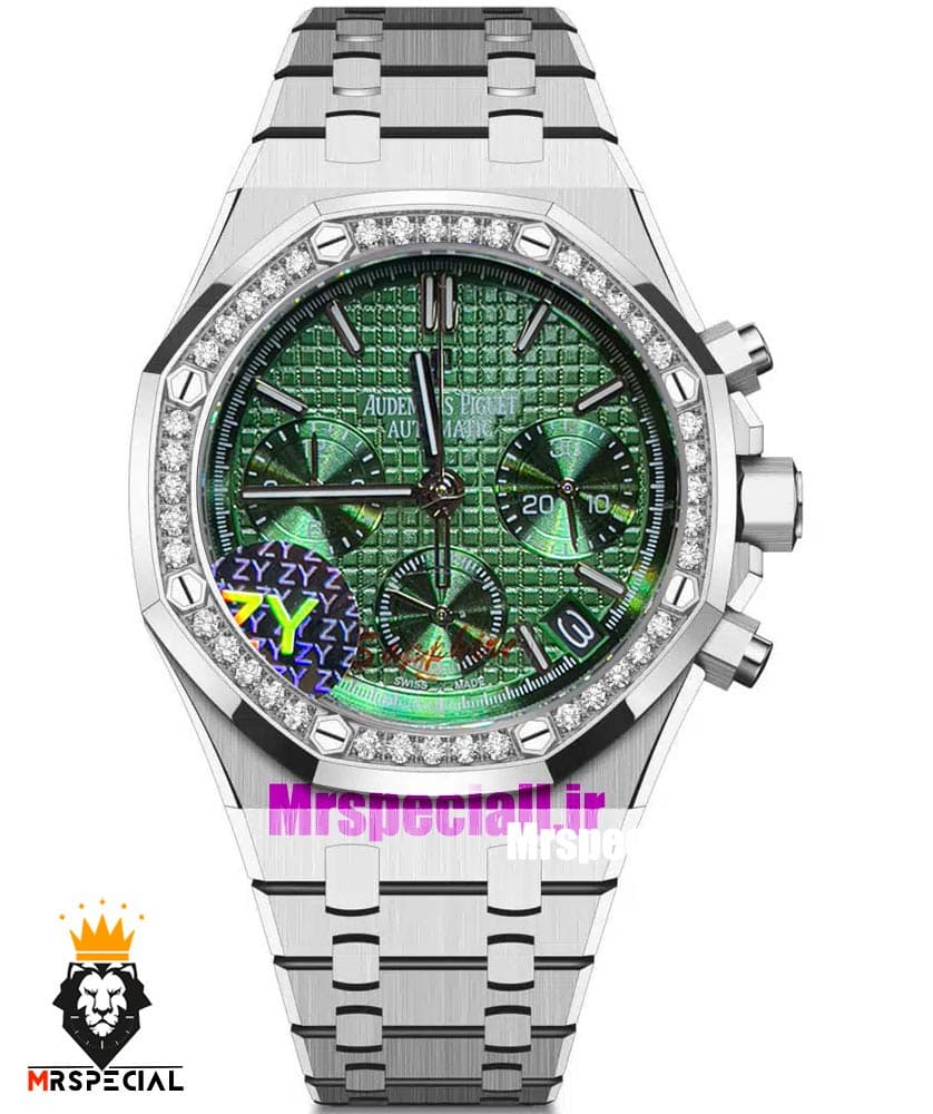 ساعت زنانه اودمار پیگه کرنوگراف بند استیل صفحه سبز قاب نگین AUDEMARS PIGUET ROYAL 021272