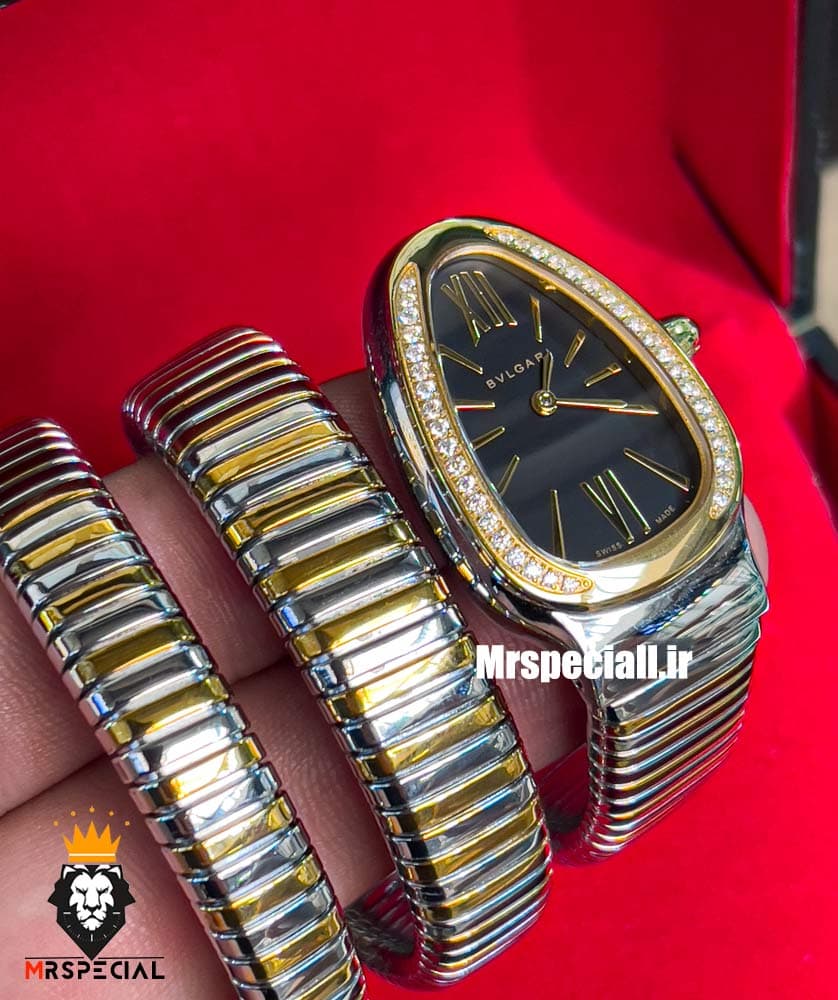 ساعت بولگاری زنانه مدل ماری دورنگ طلایی صفحه مشکی قاب نگین BVLGARI SERPENTI TUBOGAS 021265