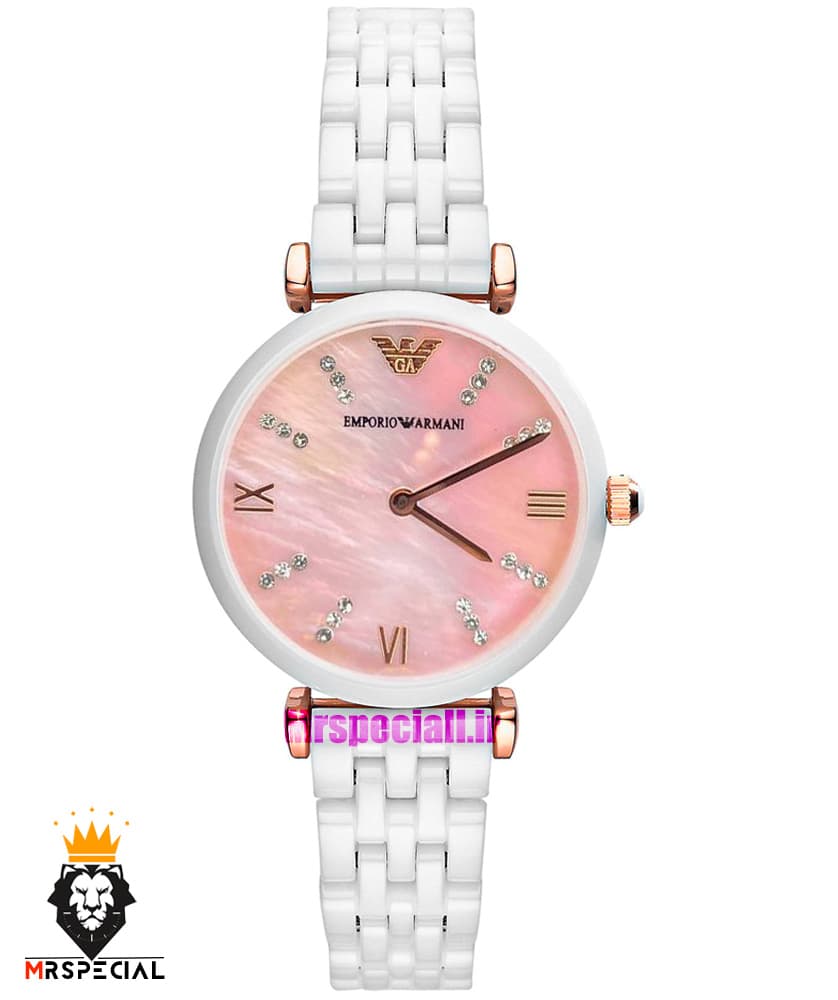 ساعت امپریو ارمانی زنانه سفید سرامیک صفحه صدف صورتی 021226 EMPORIO ARMANI