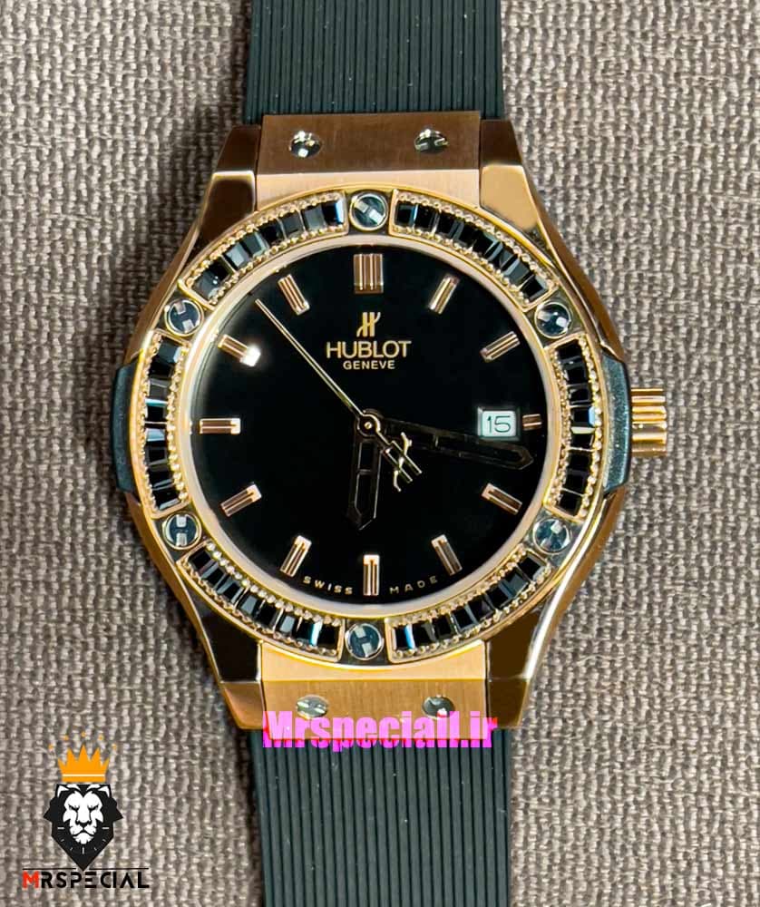ساعت هابلوت زنانه رزگلد نگین باگت مشکی بند رابر مشکی صفحه مشکی HUBLOT BIG BANG 021219 — تصویر ۳