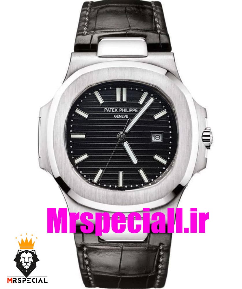 ساعت پتک فیلیپ مردانه مدل ناتیلوس کوارتز بند چرم مشکی صفحه مشکی Patek Philippe NUATILOS 021183