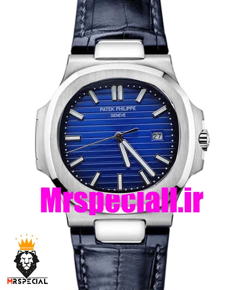 ساعت پتک فیلیپ مردانه مدل ناتیلوس کوارتز بند چرم ابی صفحه ابی Patek Philippe NUATILOS 021182