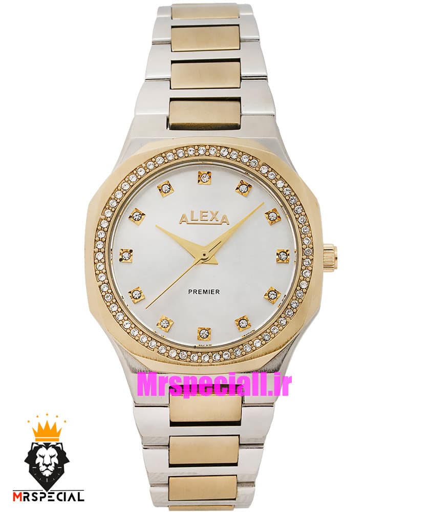 ساعت الکسا زنانه اورجینال استیل دو رنگ طلایی قاب نگین صفحه سفید 021167 ALEXA Premier