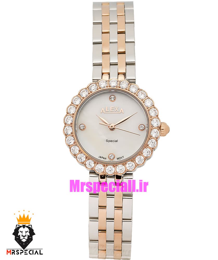 ساعت الکسا زنانه اورجینال استیل دو رنگ رزگلد قاب نگین صفحه سفید 021164 ALEXA Special