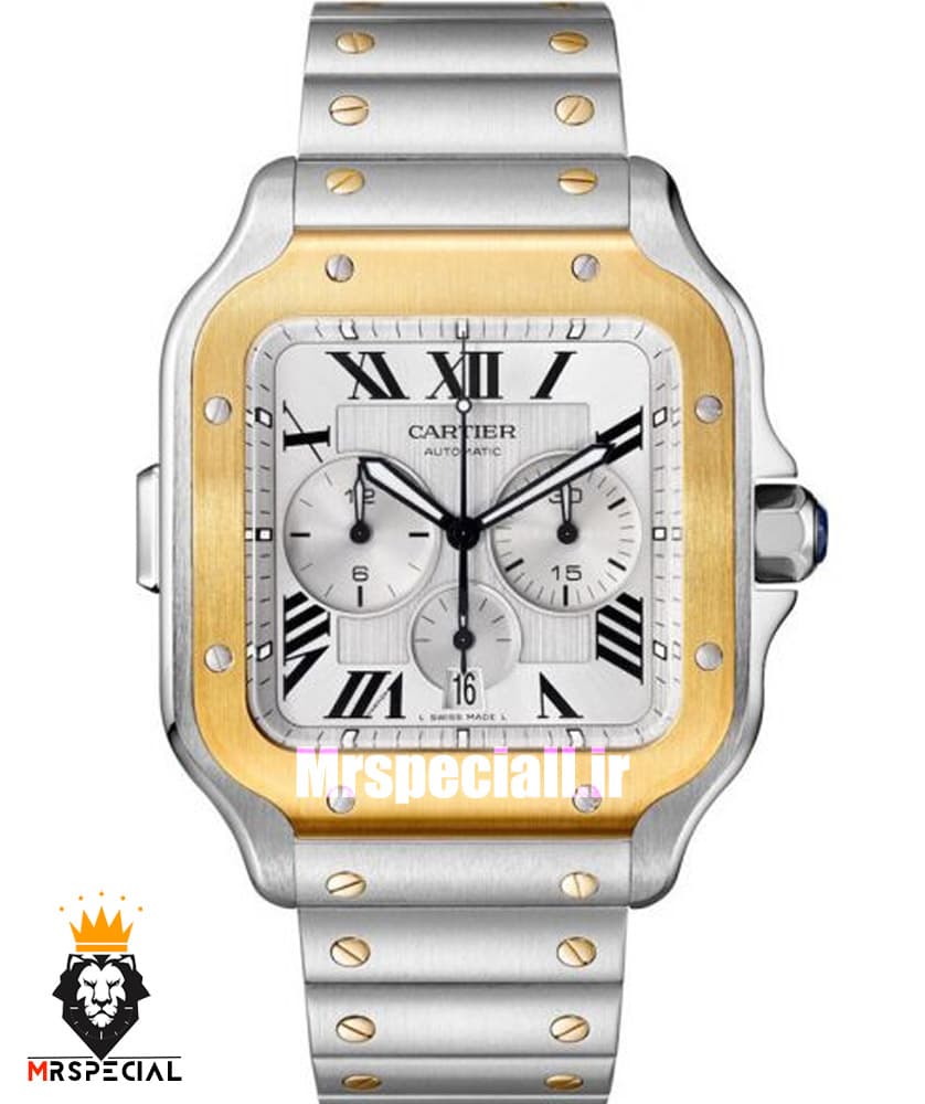 ساعت کارتیه مردانه مدل دسانتوس کرنوگراف دورنگ طلایی صفحه سفید 021149 Cartier Santos de