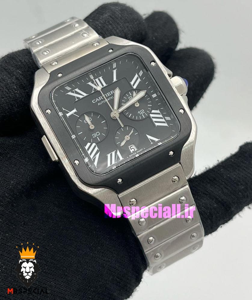 ساعت کارتیه مردانه مدل دسانتوس کرنوگراف بند استیل صفحه مشکی 021148 Cartier Santos de — تصویر ۳