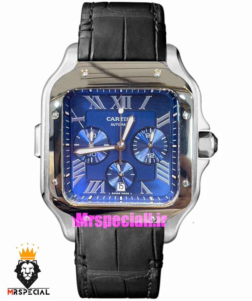 ساعت کارتیه مردانه مدل دسانتوس کرنوگراف بند چرم قاب استیل صفحه ابی 021133 Cartier Santos de — تصویر ۹