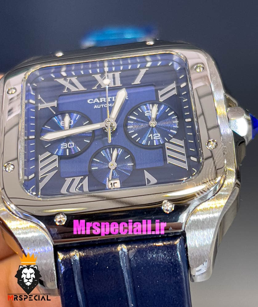 ساعت کارتیه مردانه مدل دسانتوس کرنوگراف بند چرم قاب استیل صفحه ابی 021133 Cartier Santos de — تصویر ۵