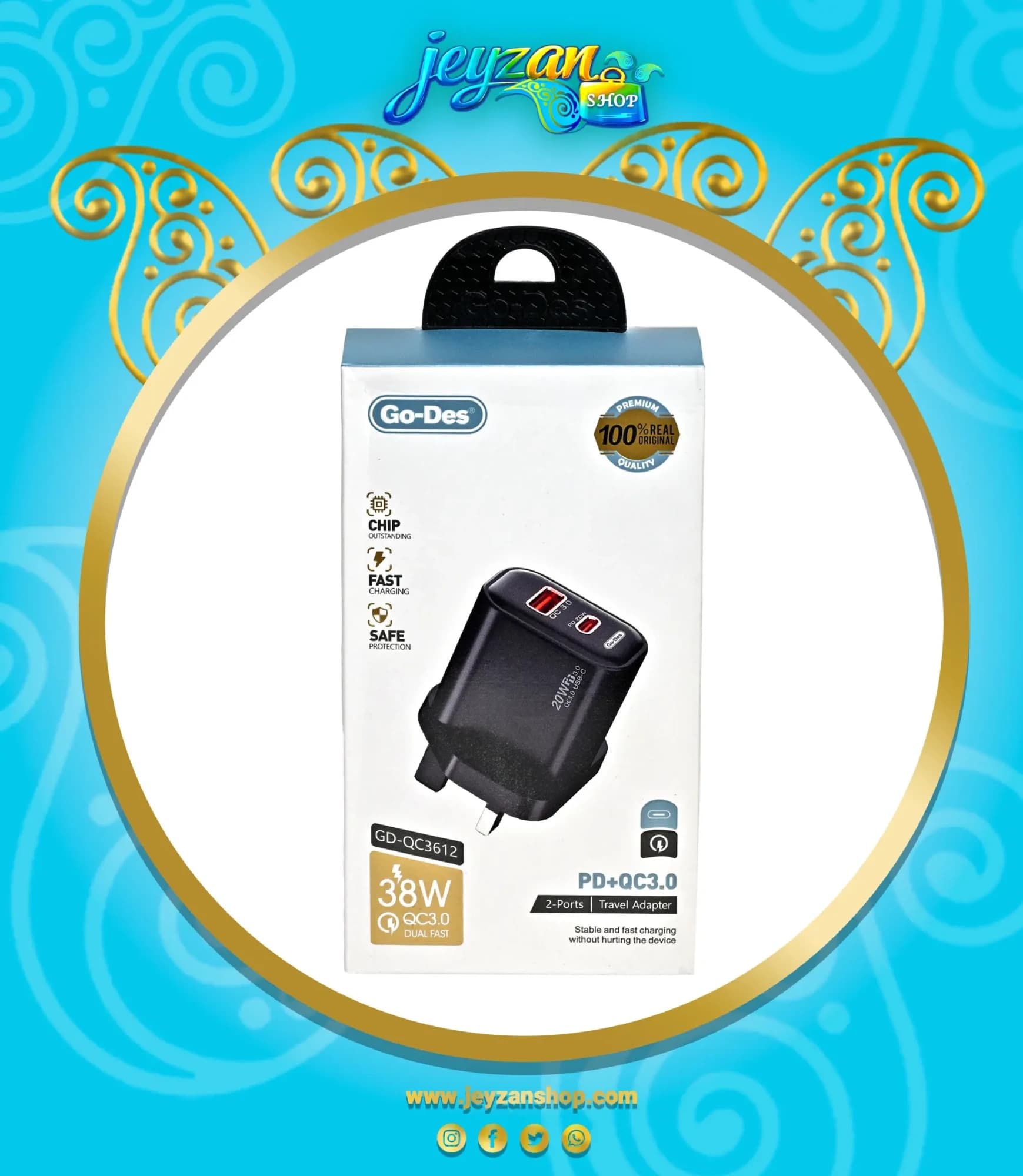شارژر دیواری گودس 38 وات دبل فست شارژ GD-QC3612