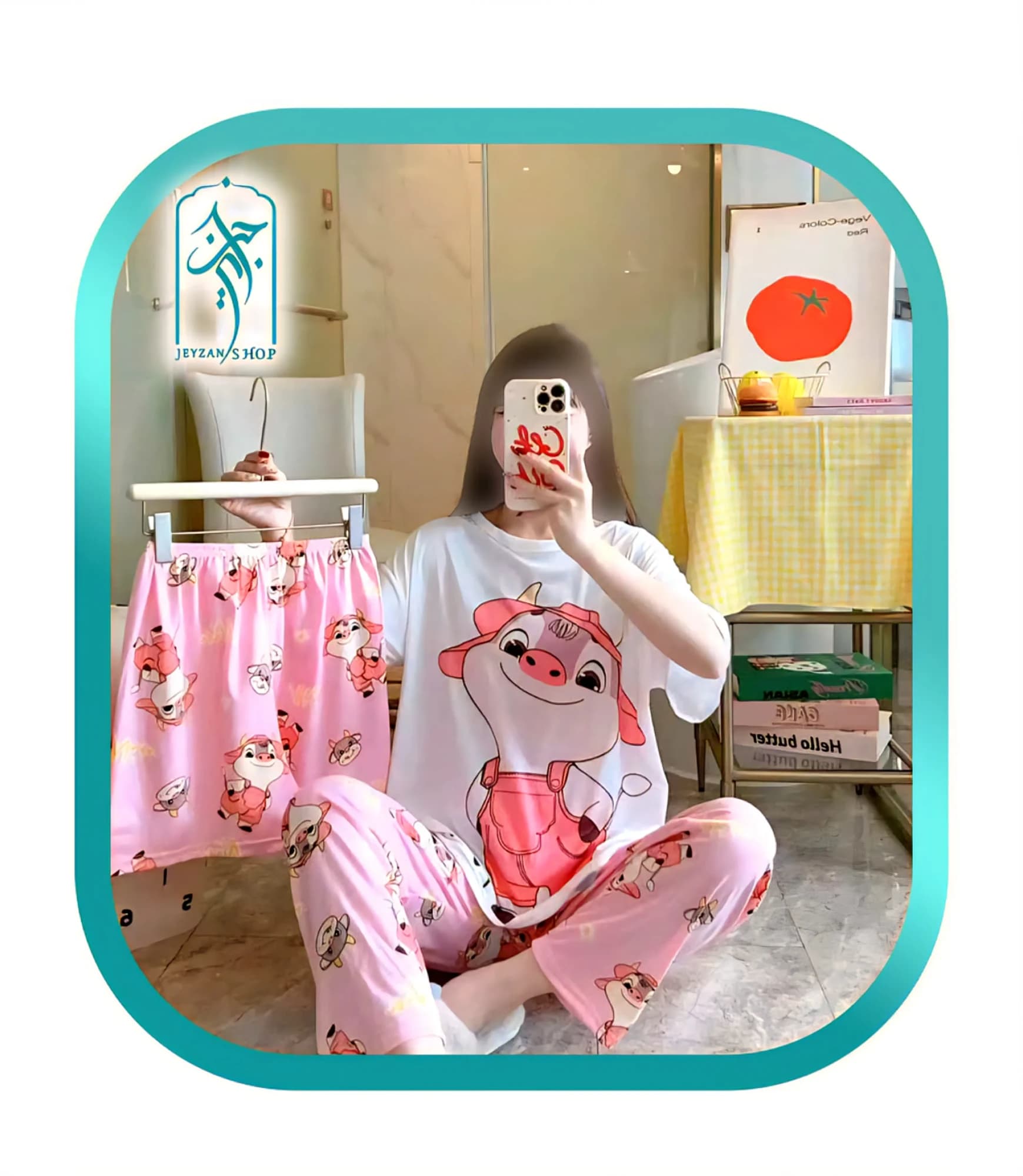 لباس ست سه تکه راحتی دخترانه و زنانه طرح گاو صورتی کد H079