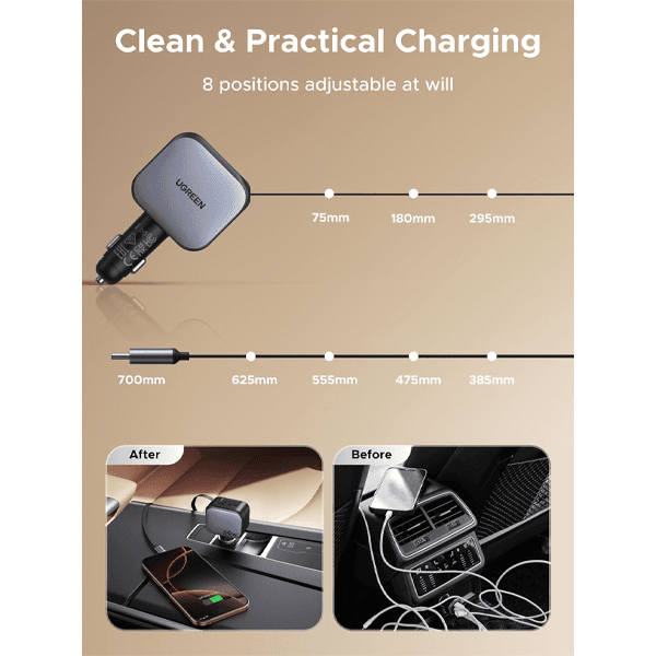 شارژر فندکی با کابل جمع شونده(retractable) 60 وات یوگرین با 3 پورت USB-C و USB-A مدل EC602 کد 55212B — تصویر ۶