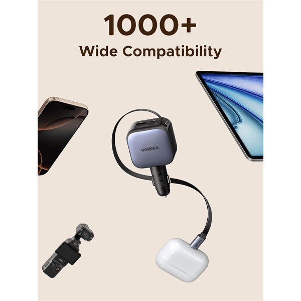 شارژر فندکی با کابل جمع شونده(retractable) 60 وات یوگرین با 3 پورت USB-C و USB-A مدل EC602 کد 55212B — تصویر ۵