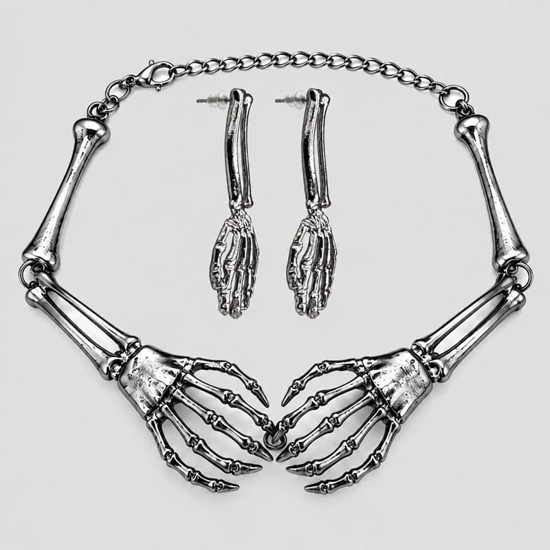 ست گردنبند و گوشواره استیل دست اسکلتی طرح عشق جاودان کد ICH-26F0656