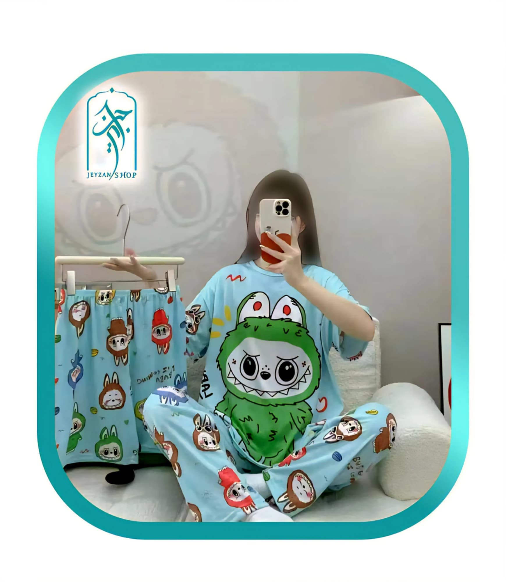 لباس ست سه تکه راحتی دخترانه و زنانه طرح لبوبو فیروزه ای کد H072