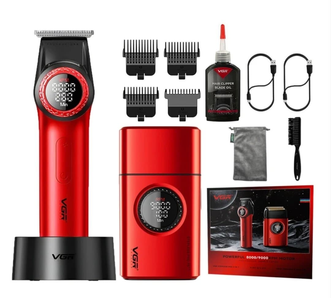 ست ماشین اصلاح تریمر و شیور دوکاره وی جی آر مدل VGR Stepless Pro 2 in 1 (V-977 & V-377) موتور قدرتمند BLDC اصل و اورجینال
