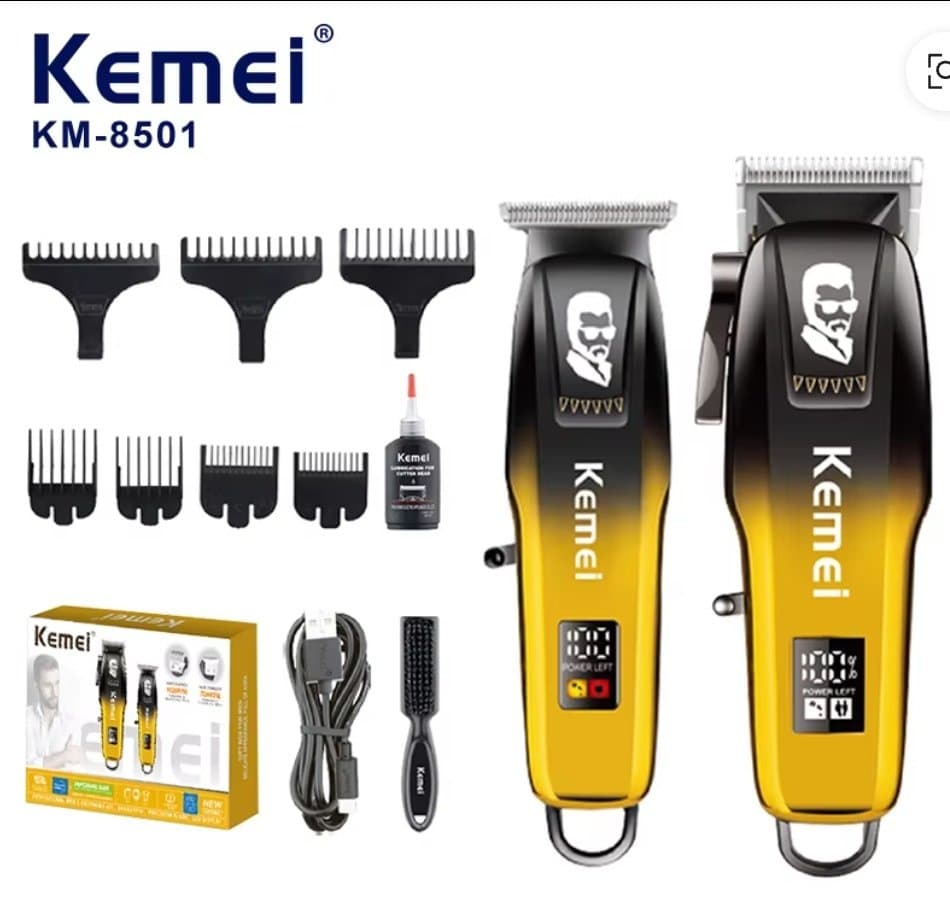 ست اصلاح مو و صورت مردانه کیمی مدل KM-8501 اصل/اورجینال | ست ۲ کاره ماشین اصلاح مو و خط گیر حرفه‌ای شارژی USB با نمایشگر LCD و ۷ شانه محدودکننده | Kemei KM-8501 Professional Men’s Grooming Kit