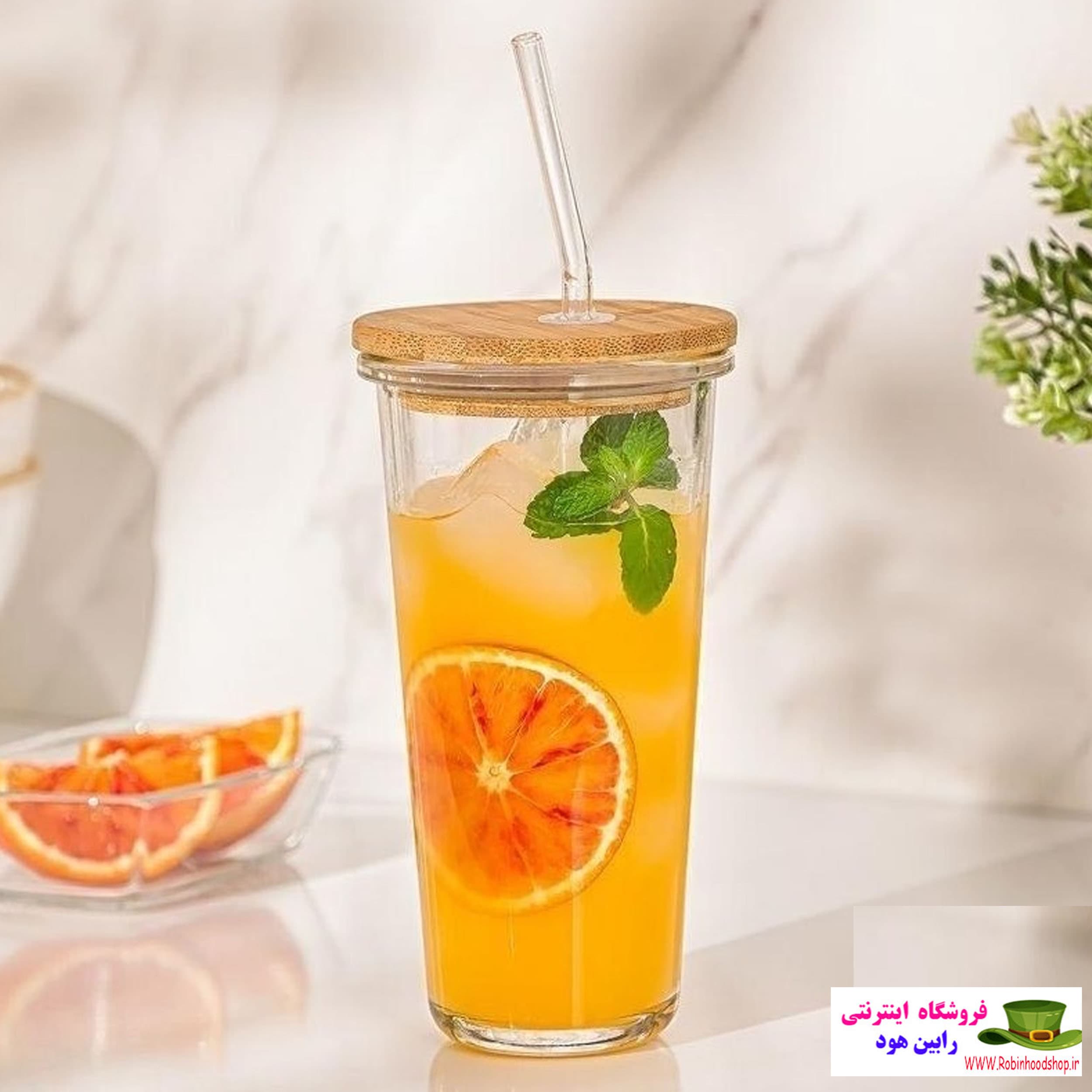 لیوان شیکر شیشه ای ۳۸۰ میلی لیتر لیمون درب چوبی — تصویر ۲
