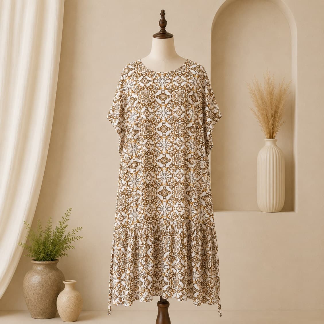 پیراهن نخی سایزبزرگ آستین کوتاه کیمینو زنانه خنک و تابستونی (بدون آبرفت) سبز