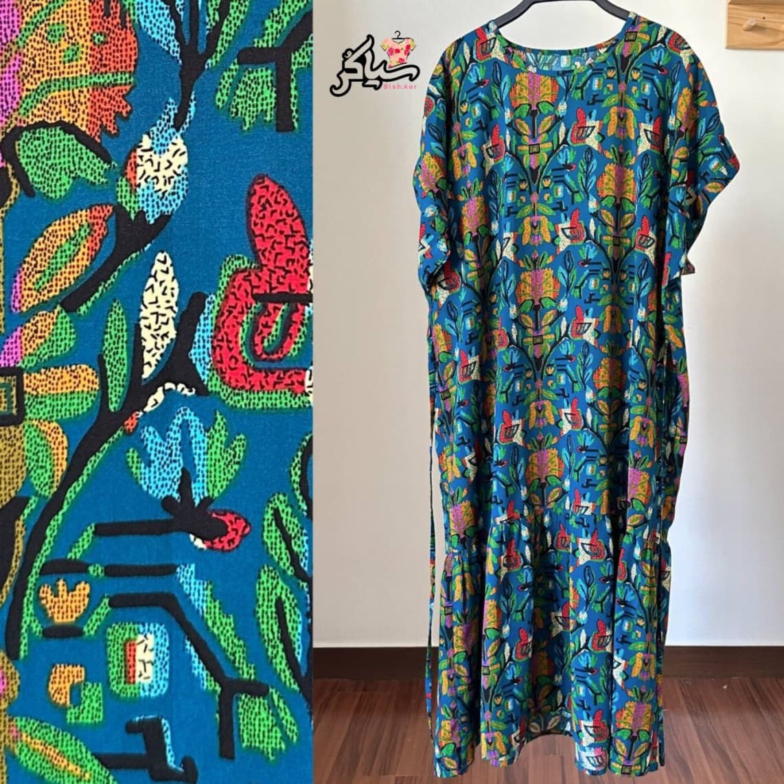 پیراهن نخی سایزبزرگ آستین کوتاه کیمینو زنانه خنک و تابستونی (بدون آبرفت) آبی — تصویر ۷