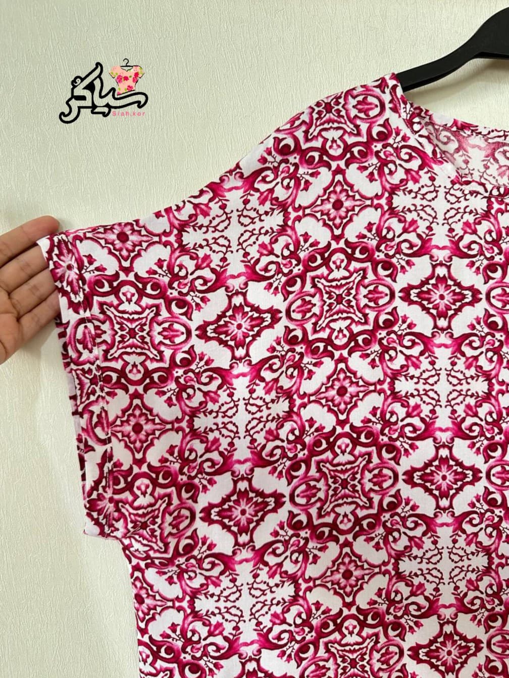 پیراهن نخی سایزبزرگ آستین کوتاه کیمینو زنانه خنک و تابستونی (بدون آبرفت) سرخابی — تصویر ۴