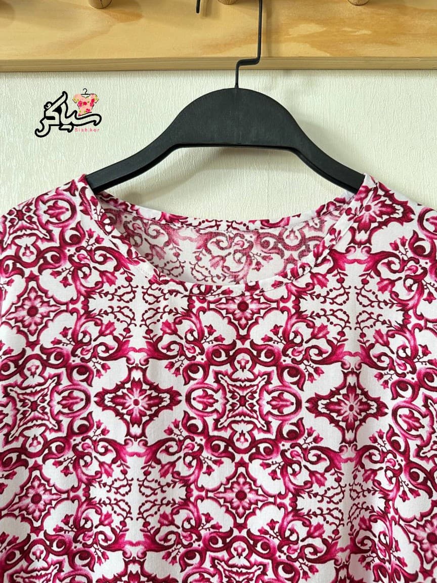 پیراهن نخی سایزبزرگ آستین کوتاه کیمینو زنانه خنک و تابستونی (بدون آبرفت) سرخابی — تصویر ۵