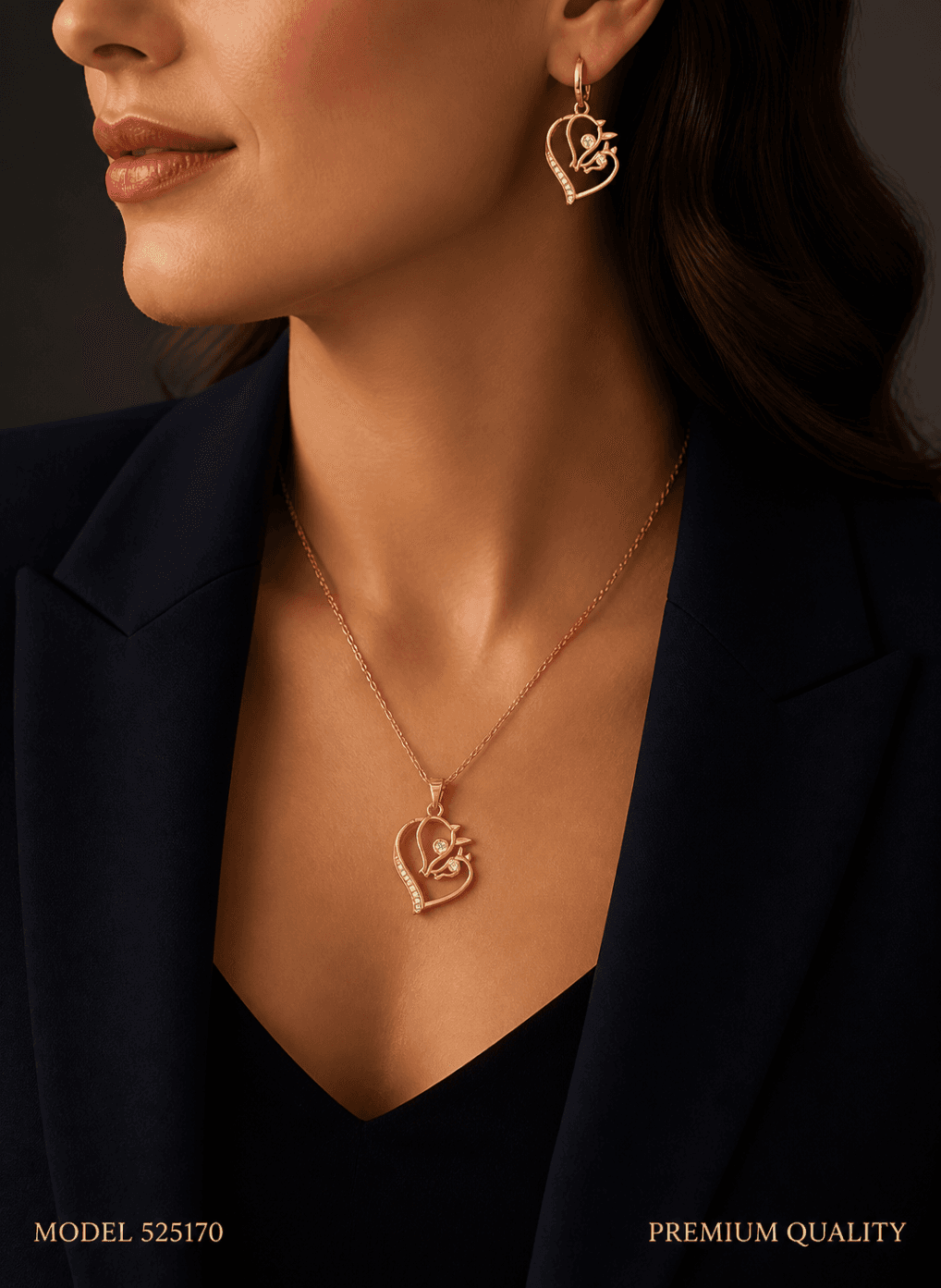 نیم‌ست زنانه طرح قلب و پرنده طلایی اصل/اورجینال مدل 525170 Gold Heart & Bird Jewelry Set – Original Model 525170