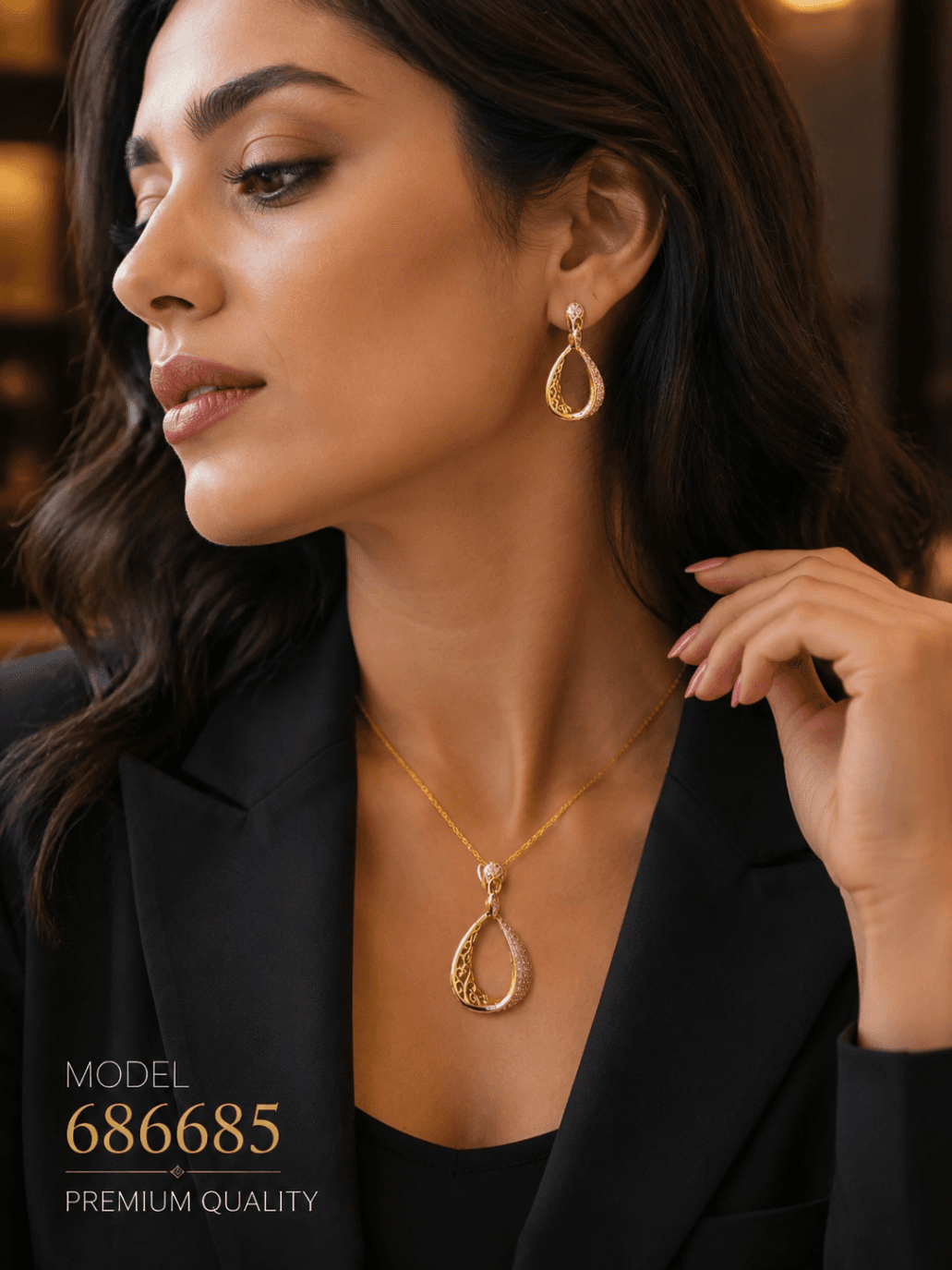 نیمست زنانه اشکی طرح اسلیمی نگیندار مدل 686685 | Gold Filigree Teardrop Jewelry Set — تصویر ۶