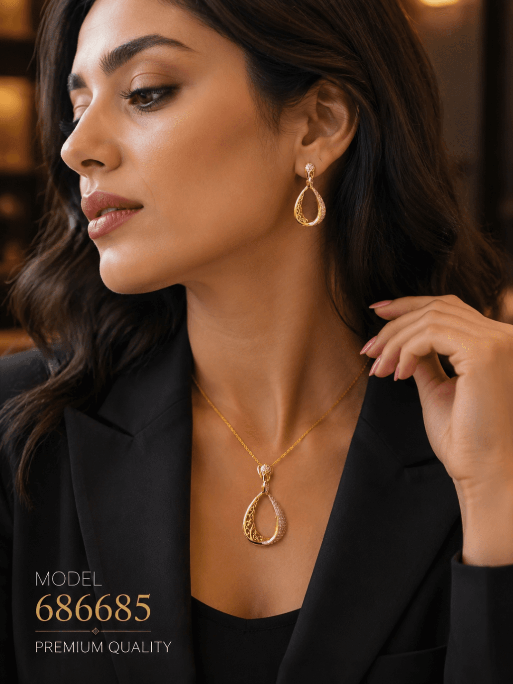 نیمست زنانه اشکی طرح اسلیمی نگیندار مدل 686685 | Gold Filigree Teardrop Jewelry Set — تصویر ۵