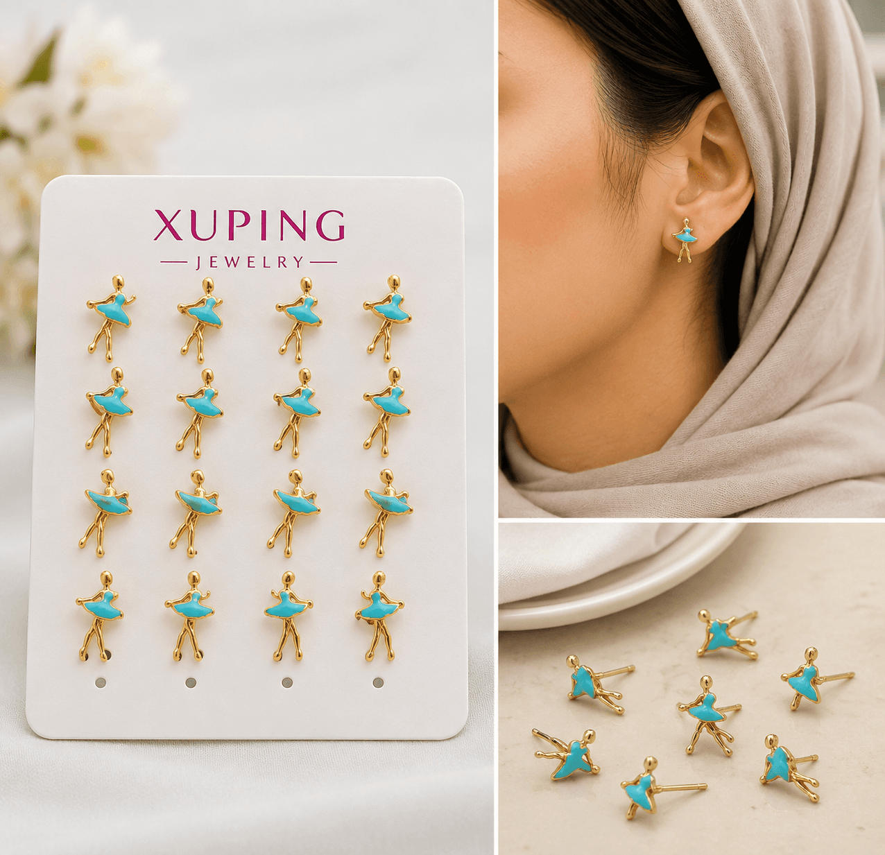 گل‌گوش ژوپینگ XUPING طرح بالرین فیروزه‌ای | رنگ ثابت و ضدحساسیت