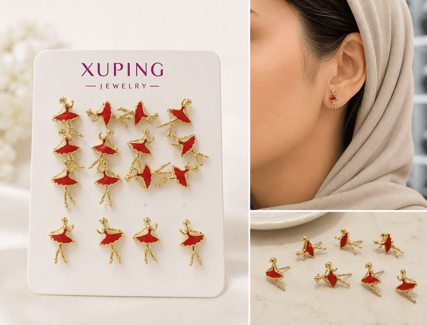 گل‌گوش ژوپینگ XUPING طرح بالرین قرمز و طلایی | رنگ ثابت و ضدحساسیت