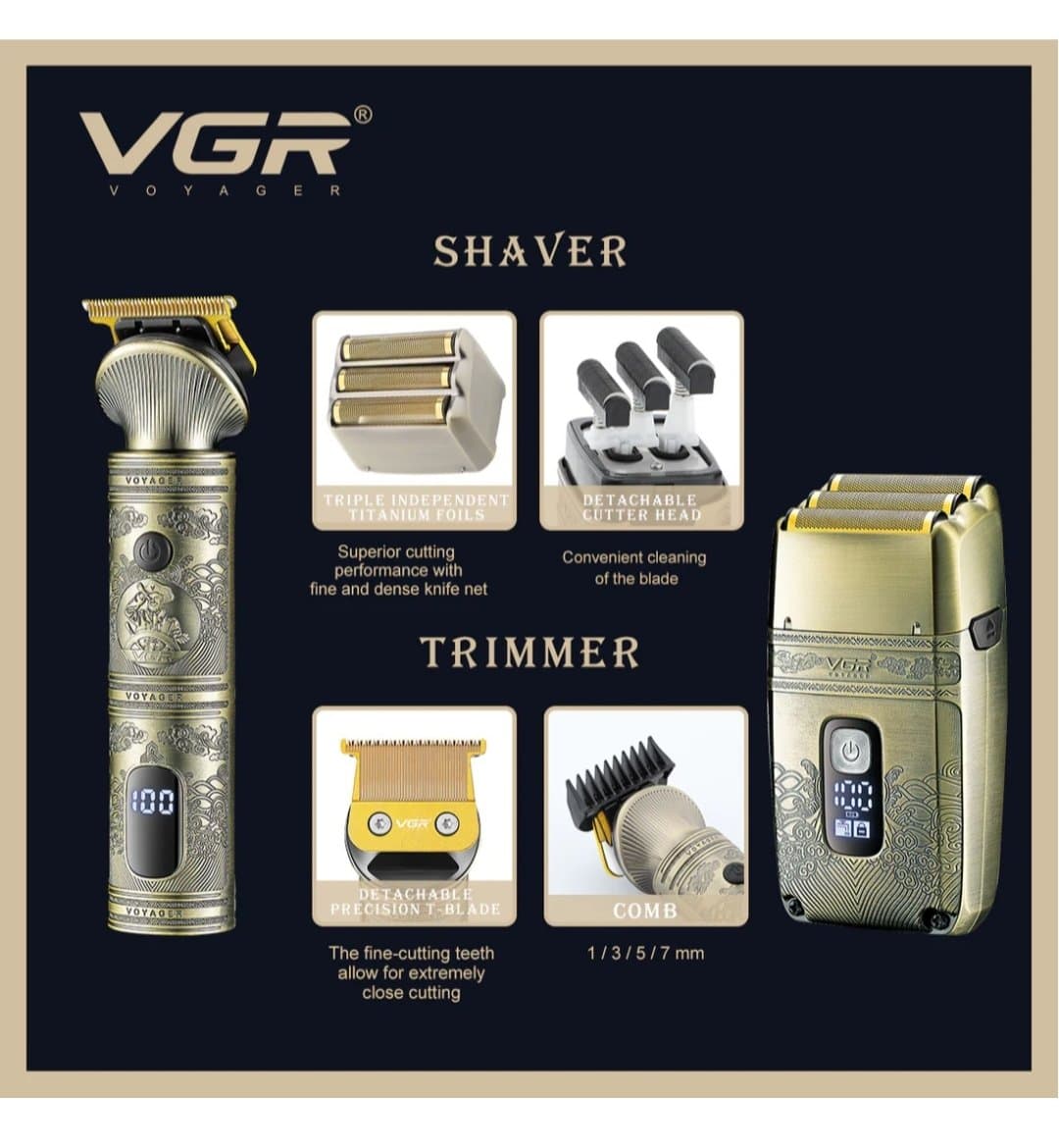 ست اصلاح حرفه‌ای وی جی آر (VGR) مدل V-649 شامل خط‌زن و شیور دوکاره اورجینال — تصویر ۴