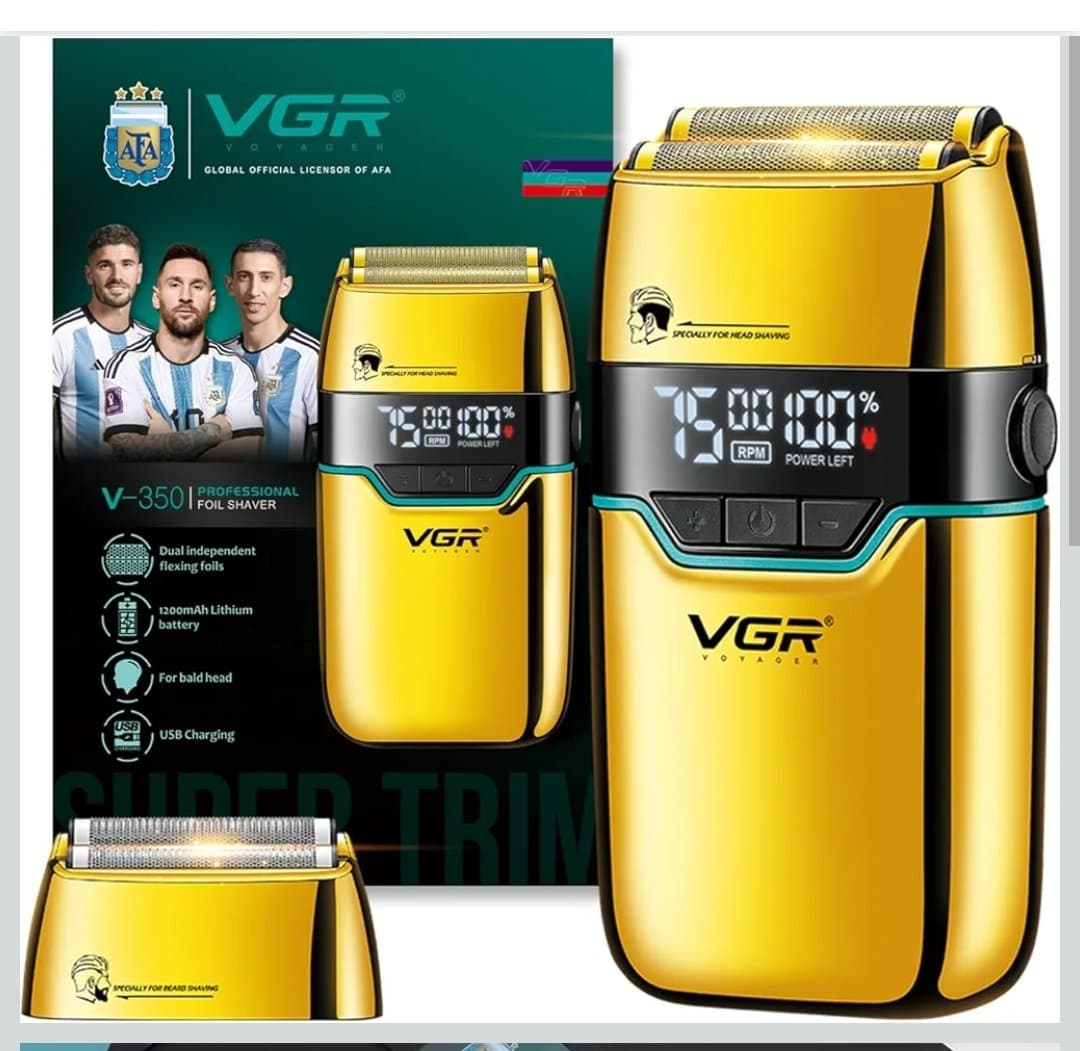 ماشین اصلاح و ریش‌تراش فویلی حرفه‌ای وی‌جی‌آر مدل VGR V-350-GOLD اورجینال | موتور قدرتمند 7500 دور، نمایشگر دیجیتال و شارژ USB