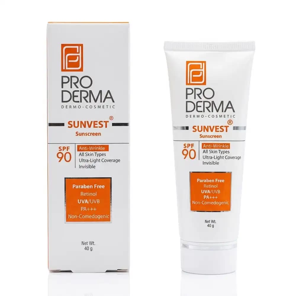 کرم ضد آفتاب SPF 90 ضد چروک پرودرما (PRO DERMA) مدل Sunvest بیرنگ انواع پوست ضد چروک وزن 40 گرمی — تصویر ۲