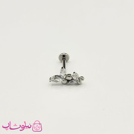 پیرسینگ گوش مدل پروانه نگین سفید نقره ای رنگ کد 249