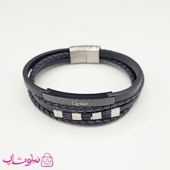 دستبند مردانه چرمی کارتیه مشکی نقره ای کیفیت مستر کد 1150