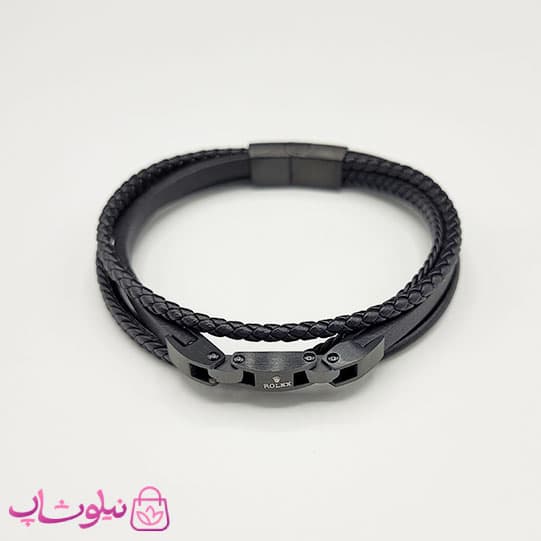 دستبند مردانه چرمی رولکس فول مشکی کیفیت مستر کد 1150 — تصویر ۲