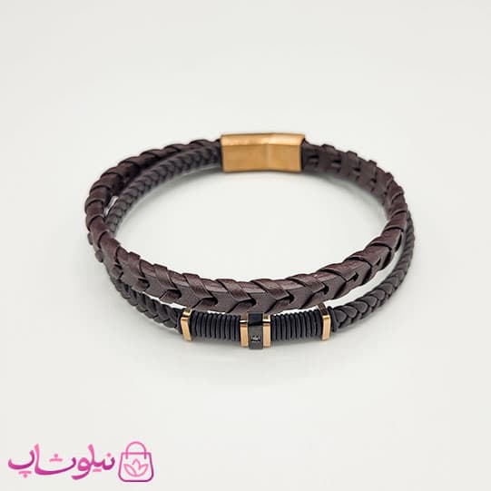 دستبند مردانه چرم استیل مدل مون بلان رنگ قهوه ای رزگلد کیفیت مستر کد 1150 — تصویر ۲