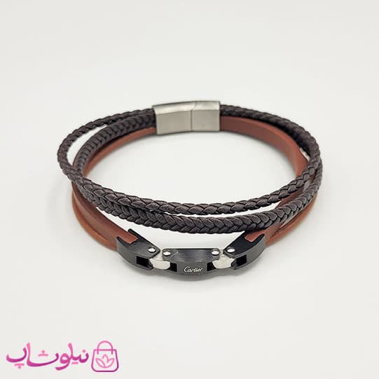دستبند مردانه چرم استیل مدل کارتیه قهوه ای مشکی کیفیت مستر کد 1150 — تصویر ۴