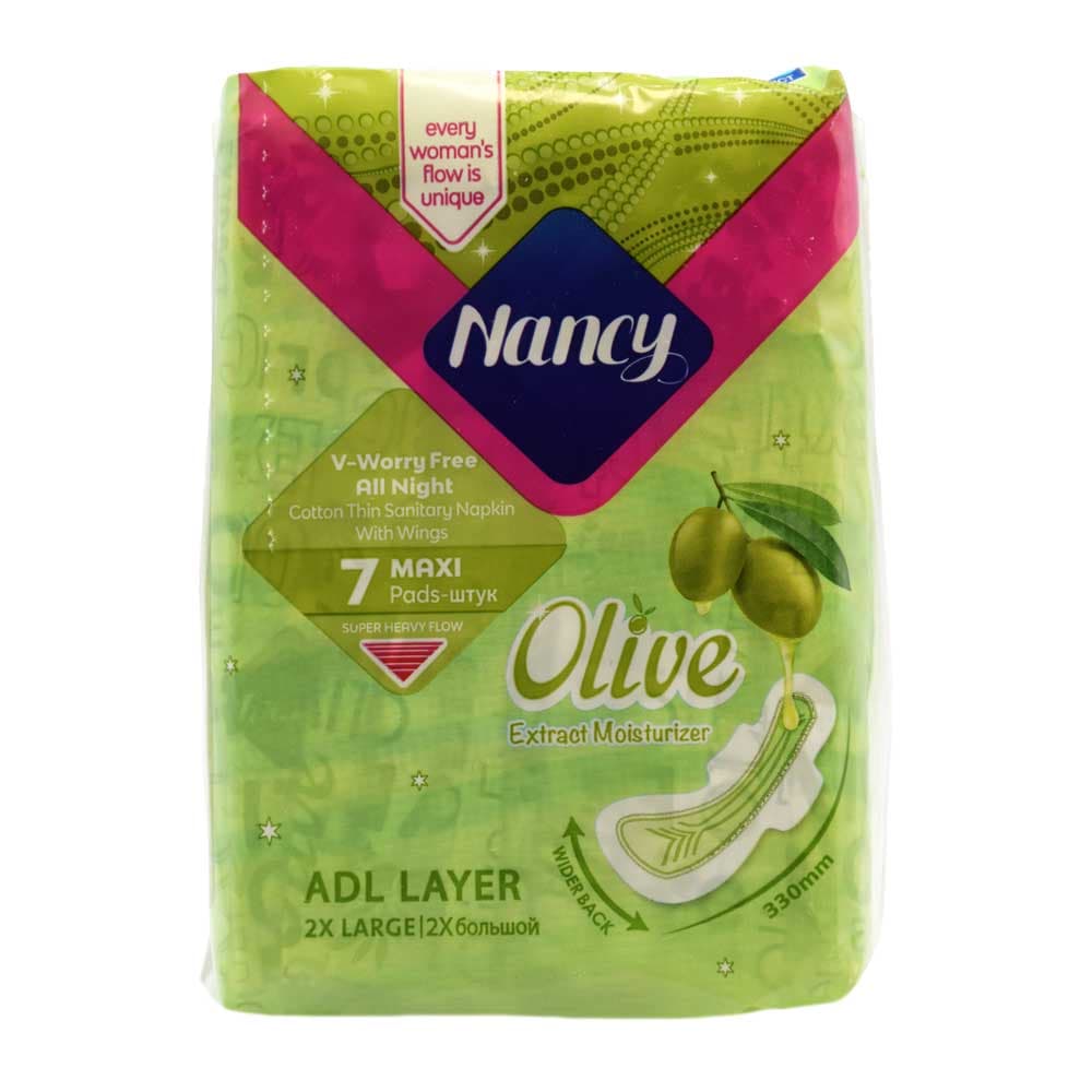 نوار بهداشتی بالدار نازک ویژه شب نانسی NANCY با عصاره زیتون، سایز خیلی بزرگ بسته 7 عددی
