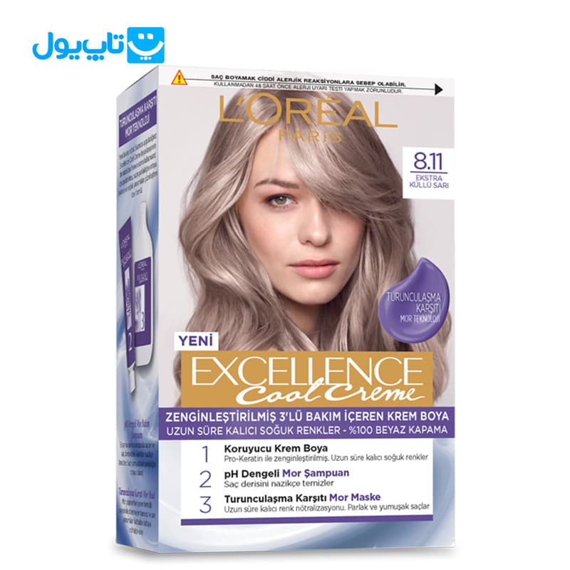 کیت رنگ مو لورآل Loreal مدل Excellence Cool Creme شماره 8.11 بلوند دودی روشن اکسترا