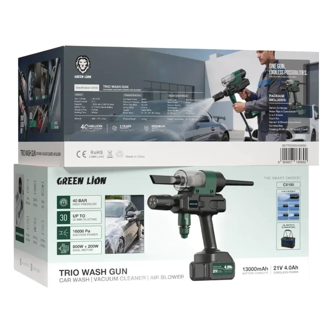 کارواش شارژی و جارو سه کاره مدل GNTRIOWSHGNBK گرین لاین Green Lion Trio Wash Gun Car Wash — تصویر ۴