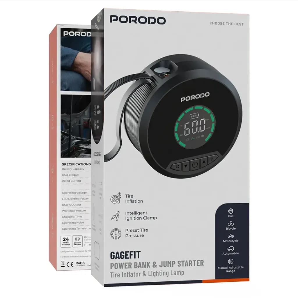 جامپ استارتر و پاوربانک Gagefit ظرفیت ۸۰۰۰ میلی آمپری پرودو Porodo Gagefit Power Bank & Jump Starter — تصویر ۷