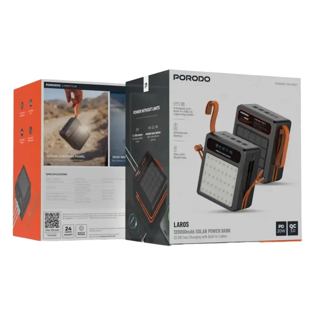 پاوربانک خورشیدی Laros ظرفیت 120000 میلی آمپری پرودو Porodo Laros 120000mAh Power Bank — تصویر ۴