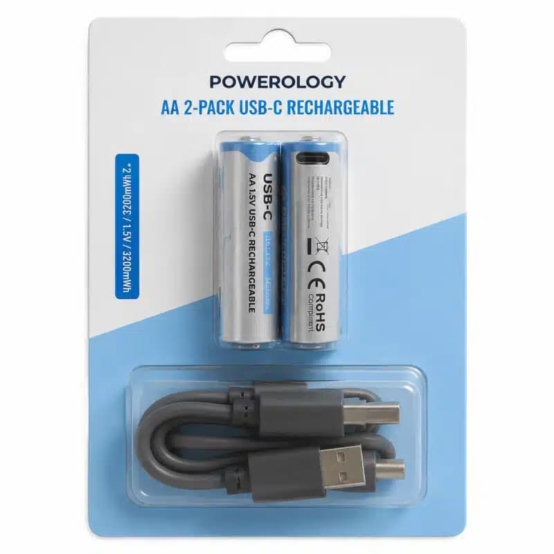 باتری قلمی شارژی 2 عددی مدل PWAA322 پاورولوژی Powerology AA 2-Pack USB-C Rechargeable — تصویر ۴