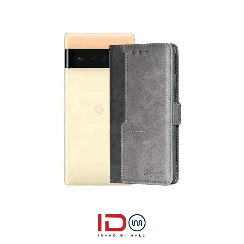 کیف چرمی لاکچری گوشی گوگل مدل Google Pixel 6 Pro رنگ طوسی مشکی — تصویر ۲