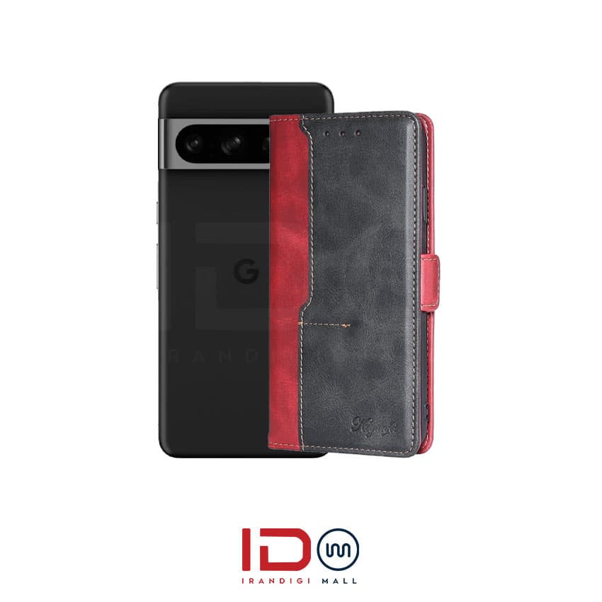 کیف چرمی لاکچری گوشی گوگل مدل Google Pixel 8 Pro رنگ مشکی قرمز — تصویر ۲