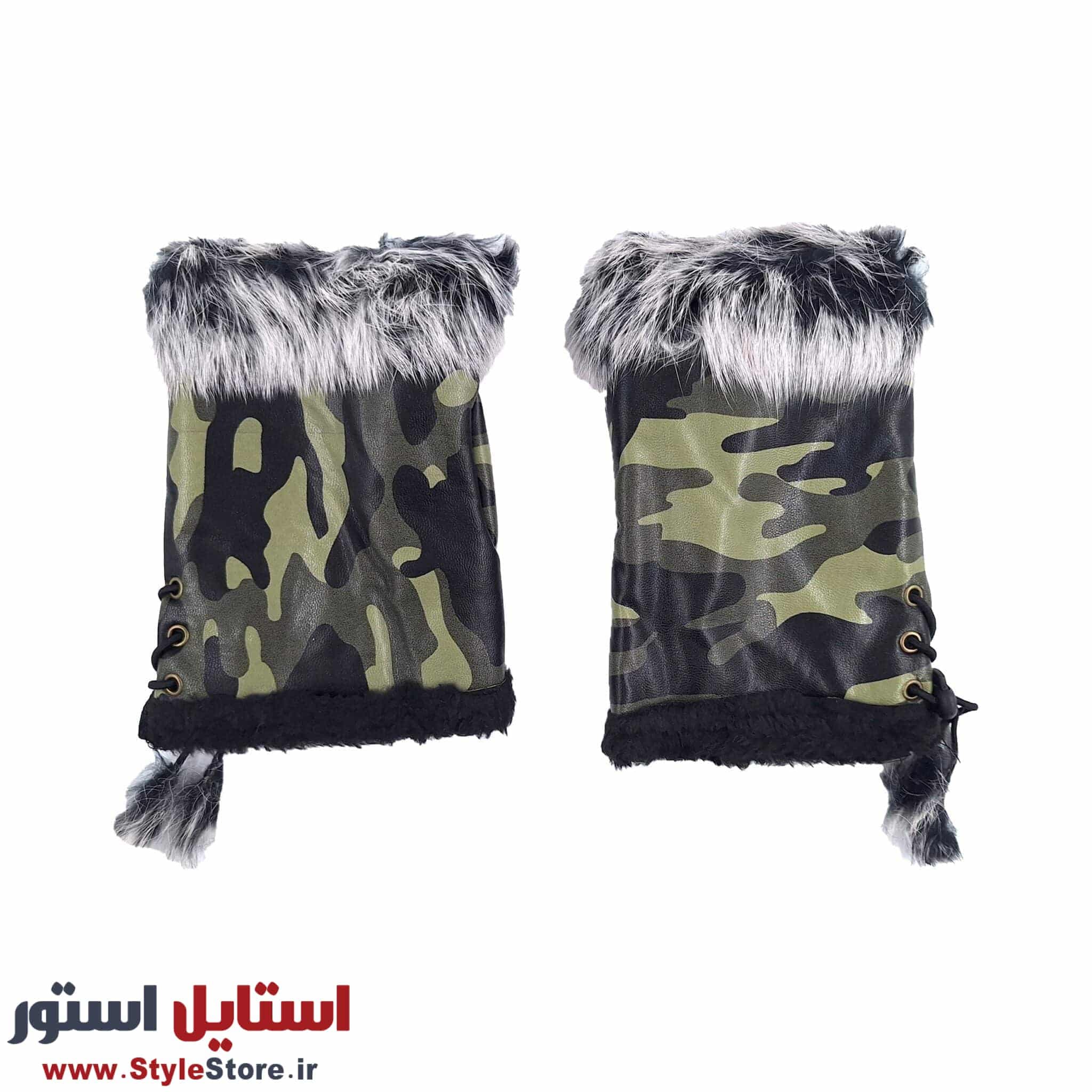 دستکش زنانه نیم انگشتی خزدار چریکی رنگ یشمی